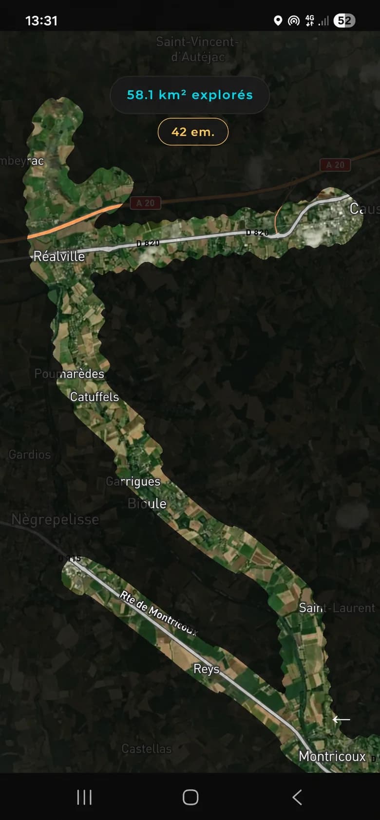 Carte satellite avec la zone explorée dévoilée : 58,1 km²