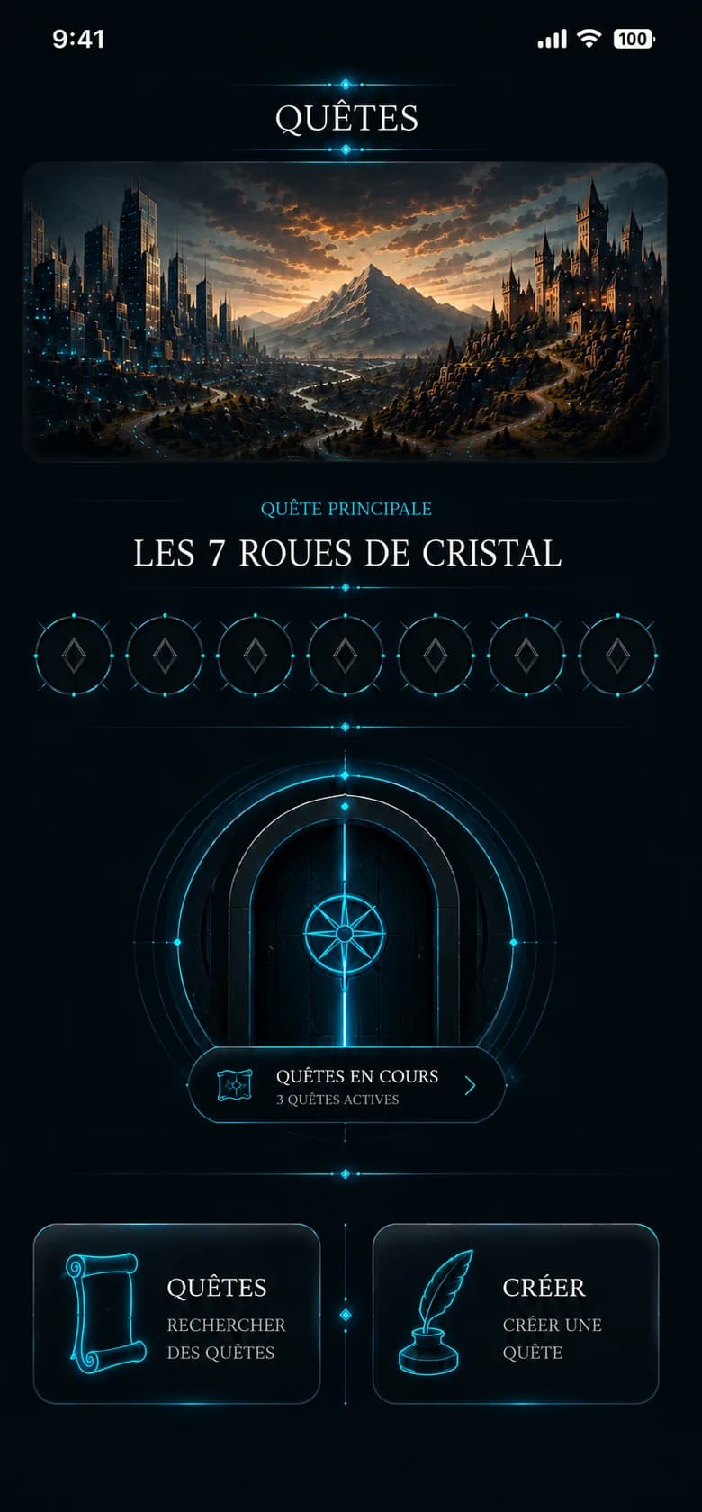 Écran Quêtes : quête principale Les 7 roues de cristal